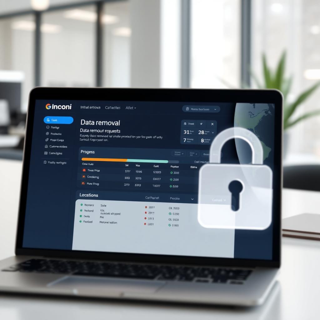 Laptop displaying Incogni dashboard with data removal progress in a modern workspace