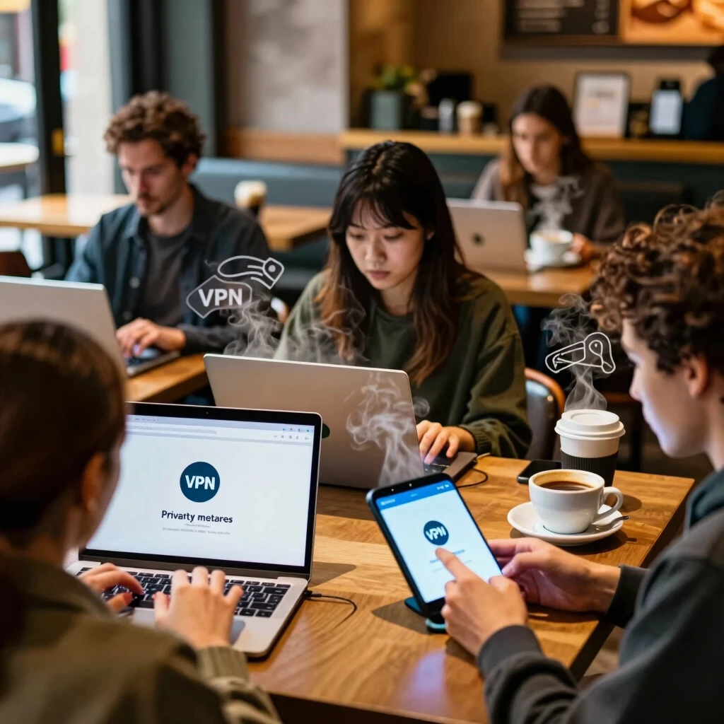 Group of people browsing securely in a coffee shop