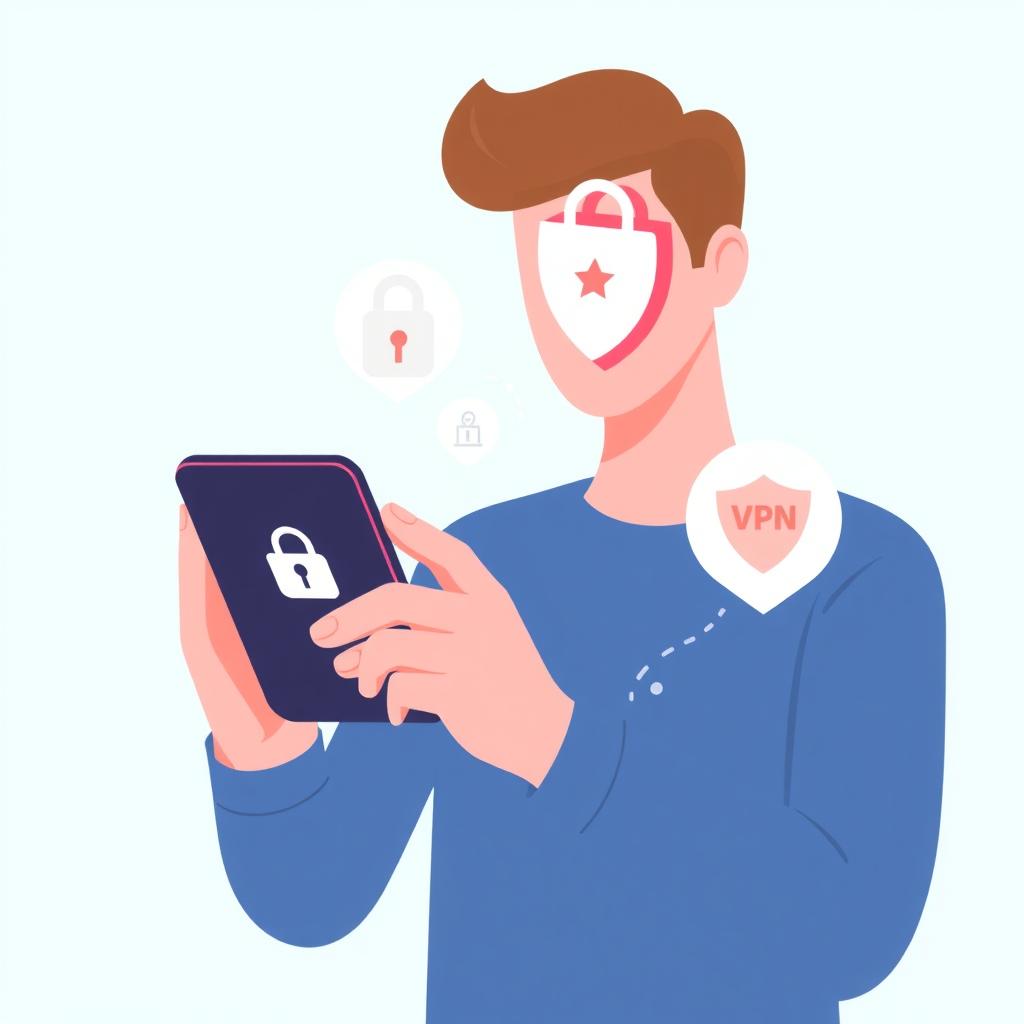 Illustration of a smartphone user surrounded by privacy protection icons.