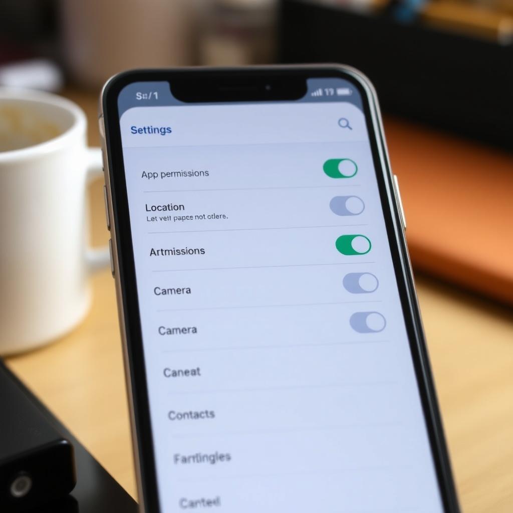 A smartphone displaying an app permissions settings screen with toggles for location, camera, and contacts.