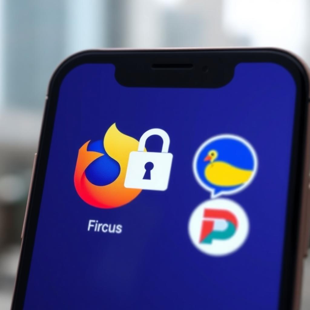 Smartphone screen showing Firefox Focus and DuckDuckGo browser icons with a lock symbol