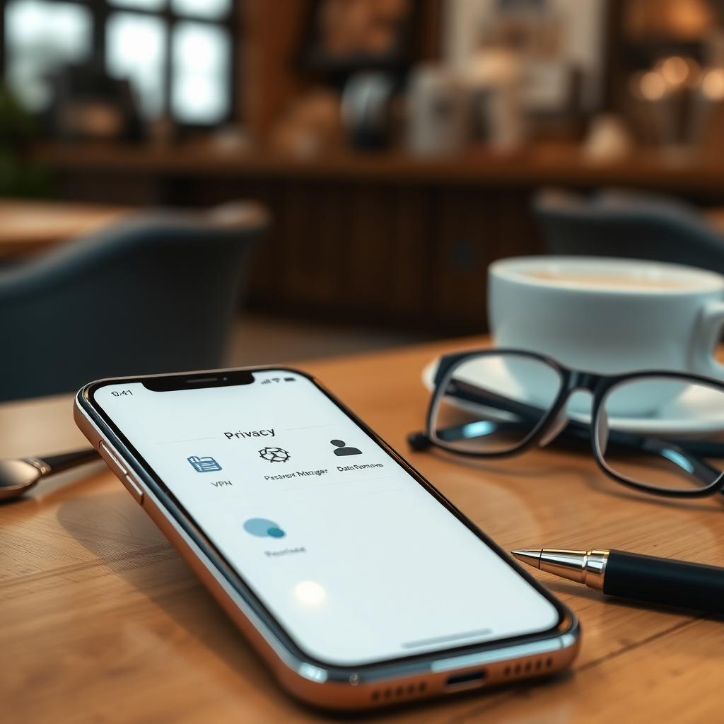 Smartphone displaying a privacy app dashboard on a wooden table, symbolizing mobile online privacy tools.