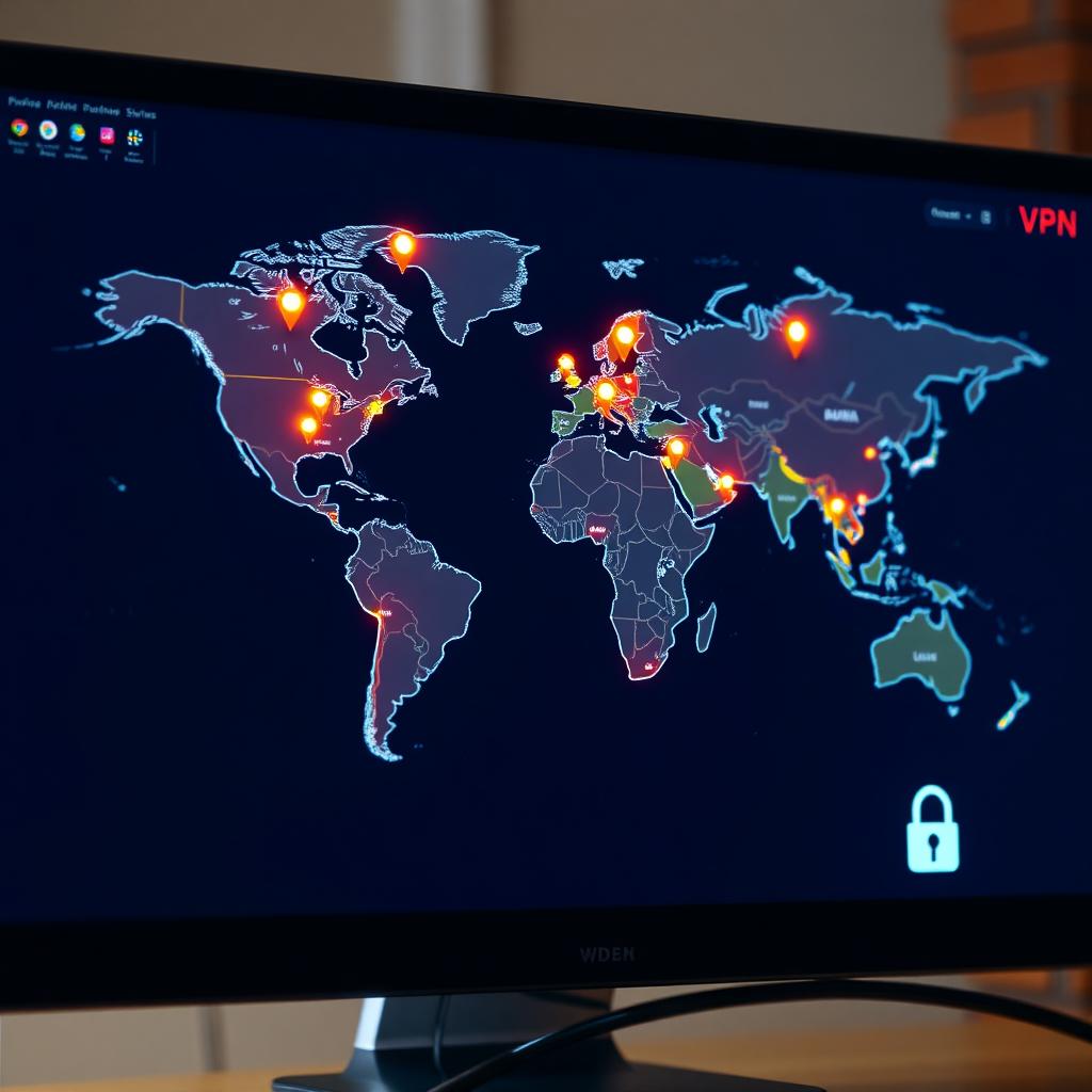 Digital world map showing VPN server locations on a computer screen