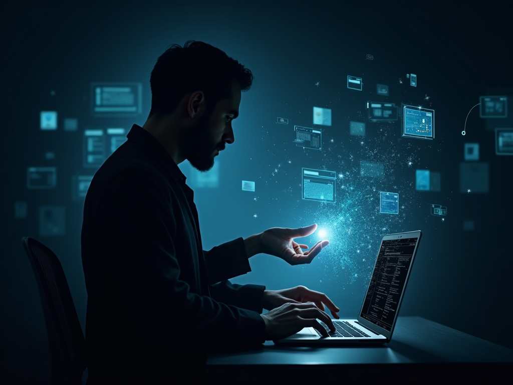 Shadowy figure collecting personal data from various sources