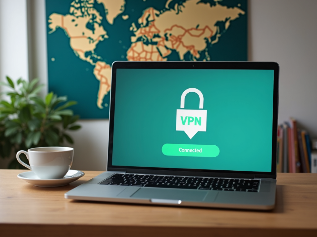 Laptop displaying a connected VPN with a world map in the background.