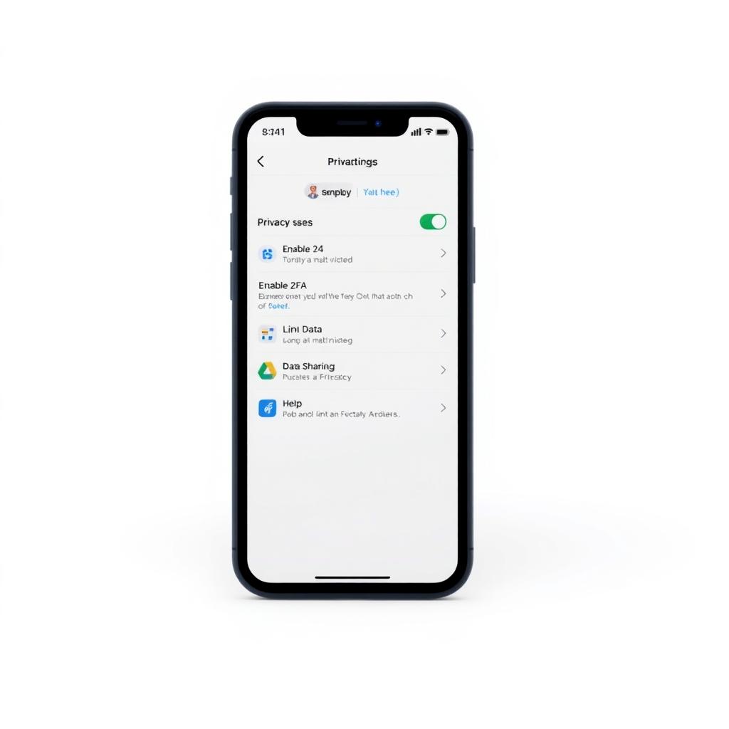 Smartphone screen showing a privacy settings menu with options for enabling 2FA and limiting data sharing.
