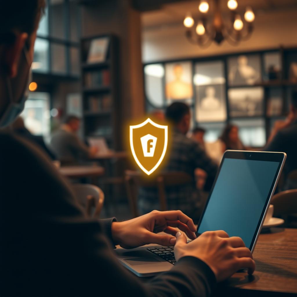 Person using a laptop with a VPN shield icon in a cozy coffee shop