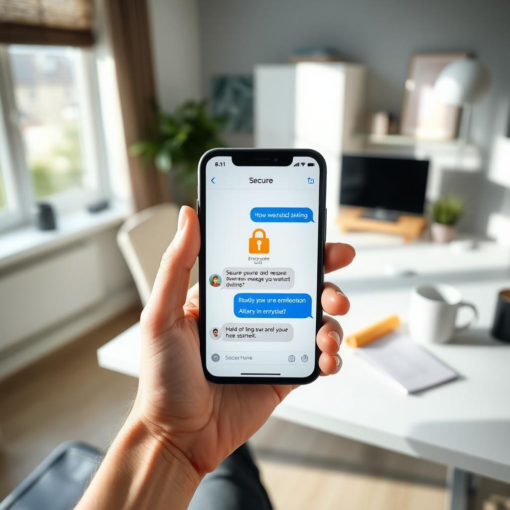 Smartphone showing an encrypted messaging app in a home office