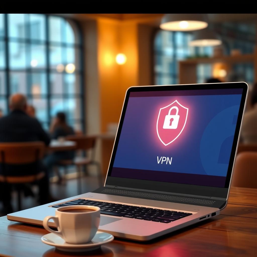 Laptop showing a VPN app with a padlock icon in a cozy coffee shop