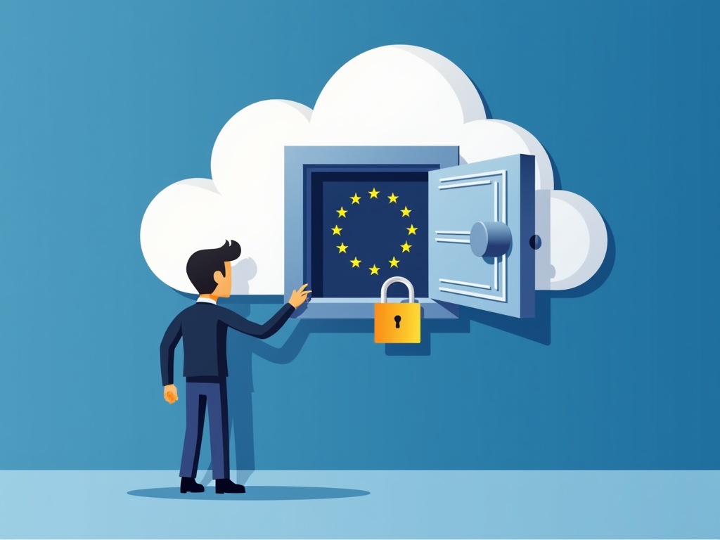 Person locking a digital cloud vault with an EU flag in the background