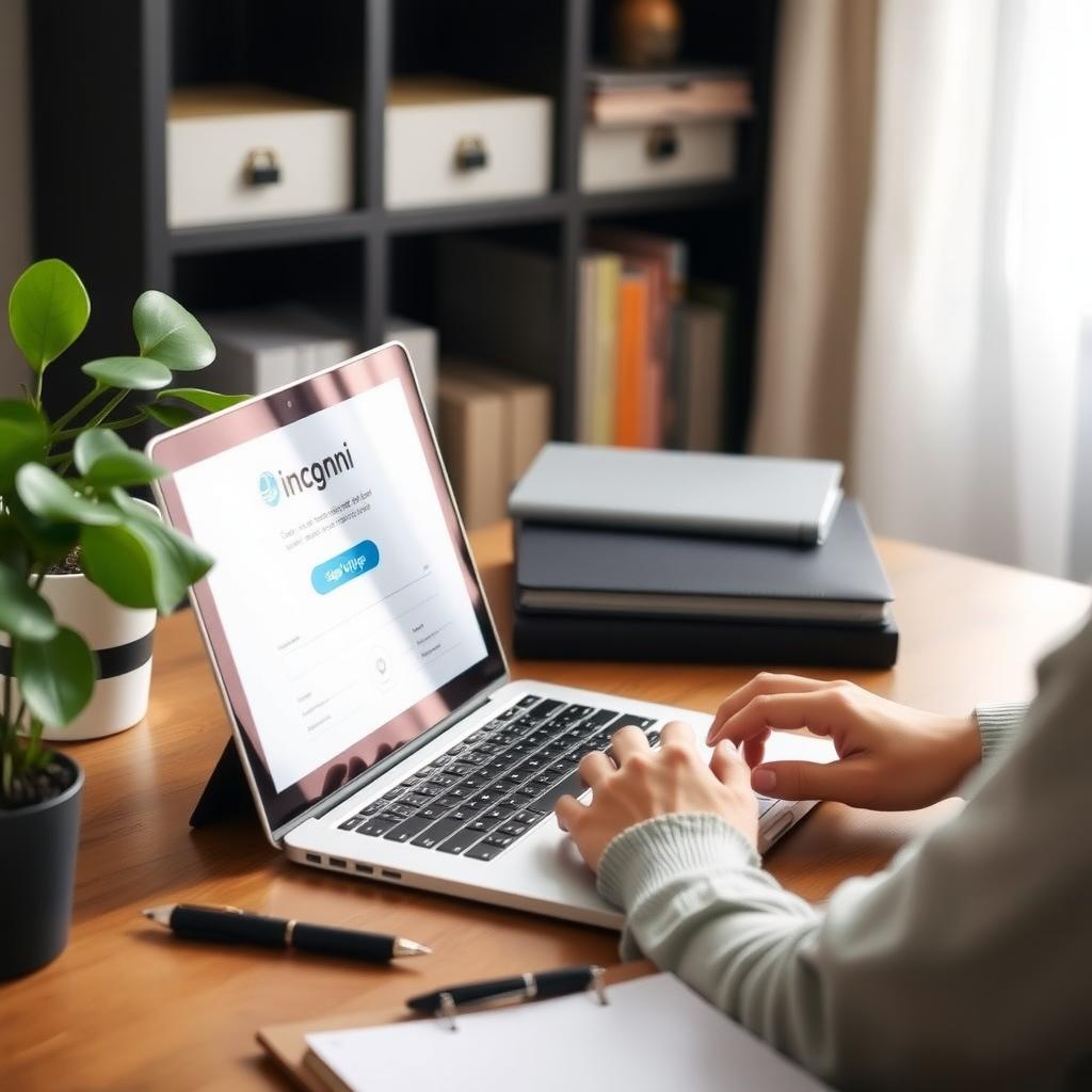 Person using a laptop to sign up for Incogni at a home office desk