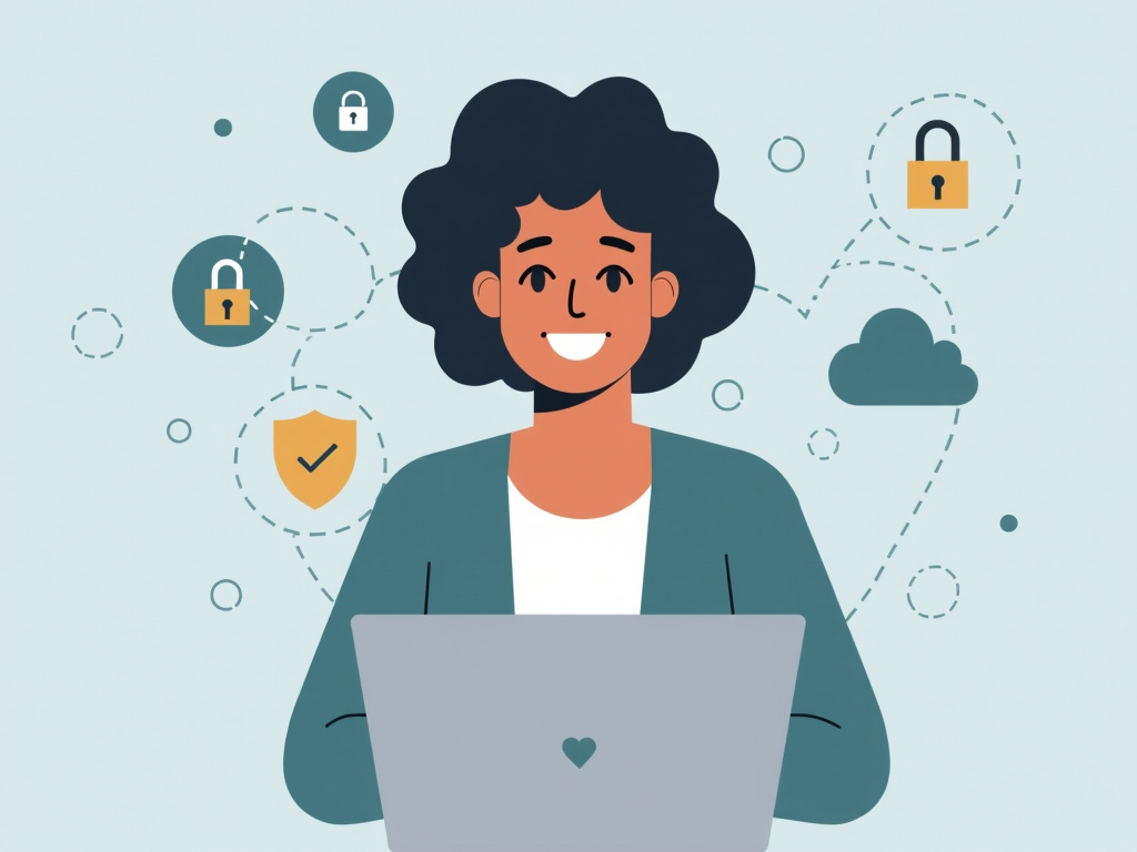 Person using secure cloud storage with privacy and security icons