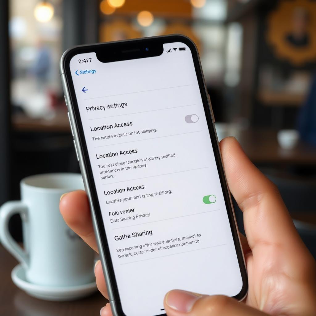 Hand holding a smartphone showing privacy settings being adjusted in a coffee shop.