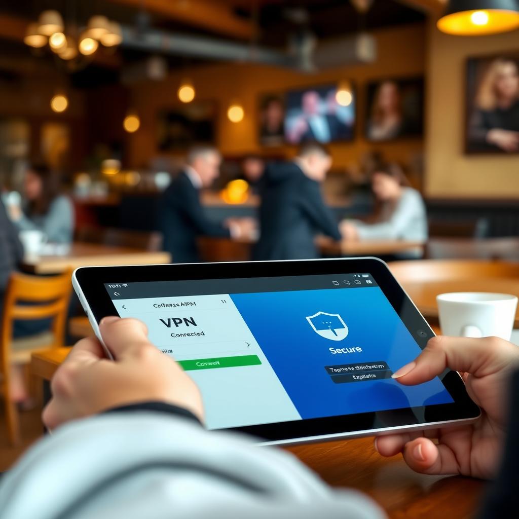Person using a tablet with a VPN app in a coffee shop