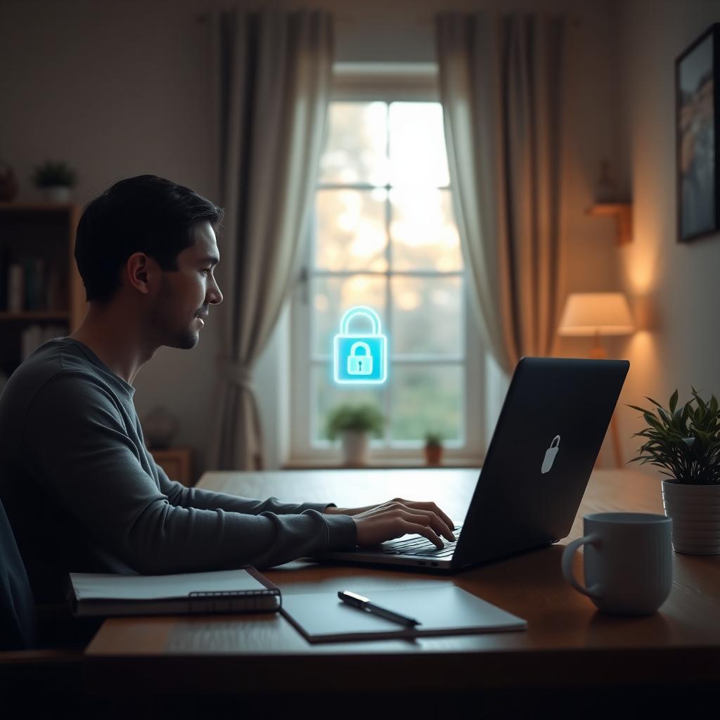 Person using a laptop with a padlock icon on the screen in a cozy home office, representing online privacy.