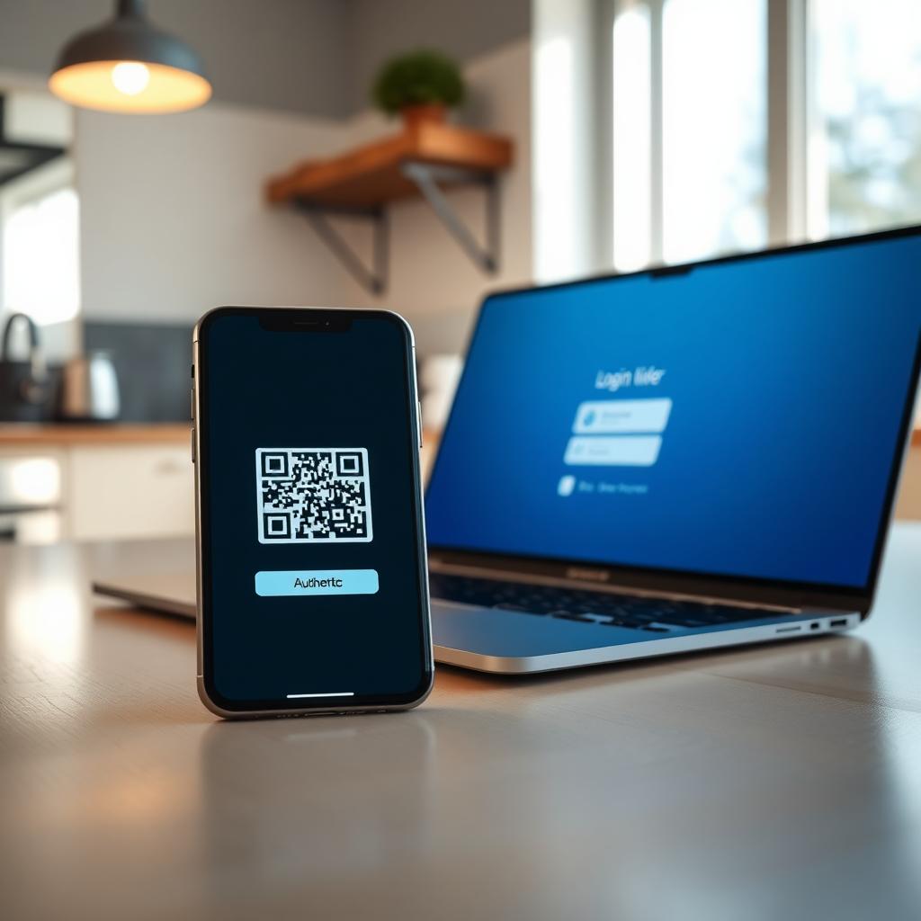 Smartphone showing a two-factor authentication code in an app, with a laptop login screen in a bright kitchen.