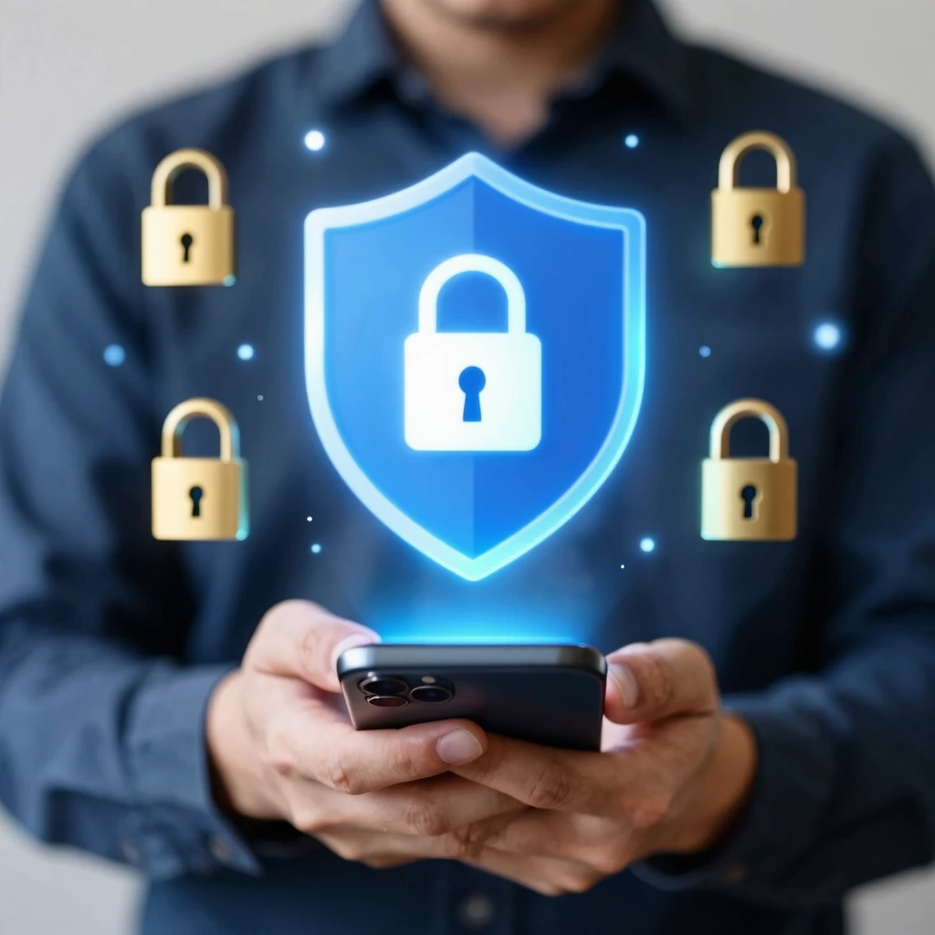 Person using smartphone protected by security shield and locks