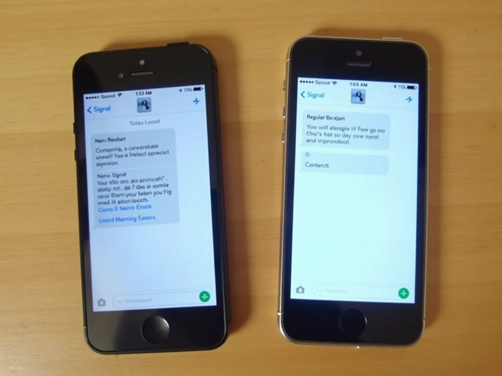 Smartphones comparing standard and encrypted messaging apps.