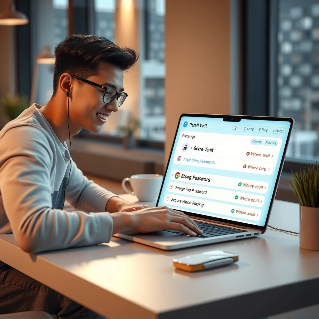 Beginner using a password manager on laptop with secure passwords displayed