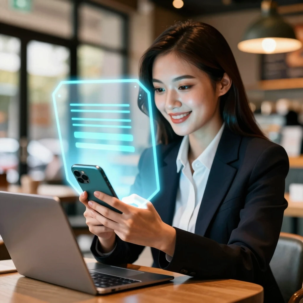 A person confidently browsing with privacy protection visualized