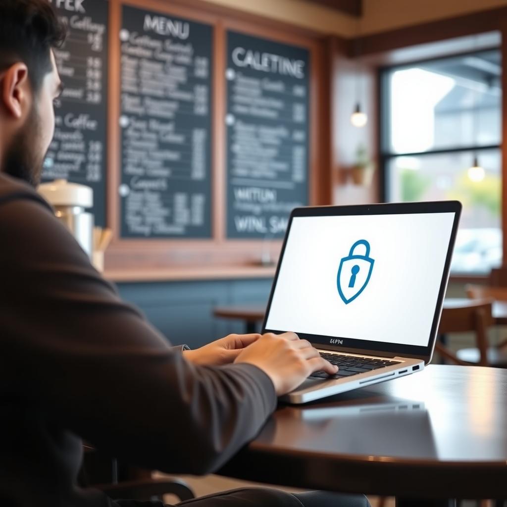 Person in a coffee shop using a laptop with a VPN icon on the screen.