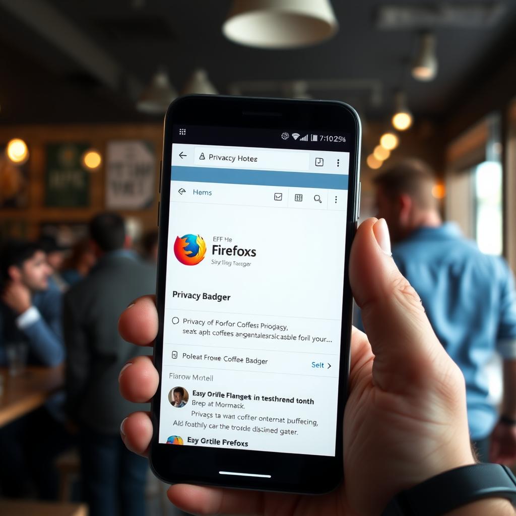 Smartphone displaying a privacy-focused browser in a coffee shop