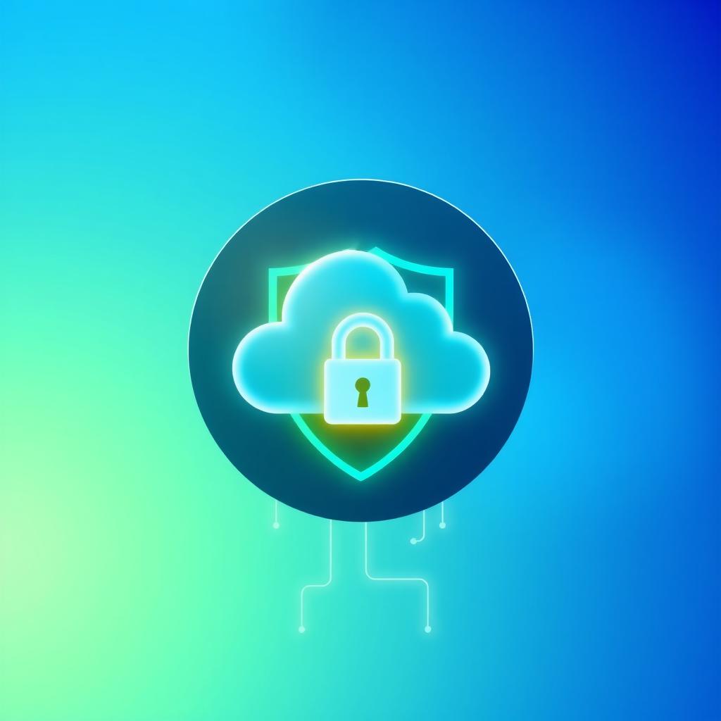 Digital illustration of a secure cloud with a shield and padlock on a blue-green gradient background.