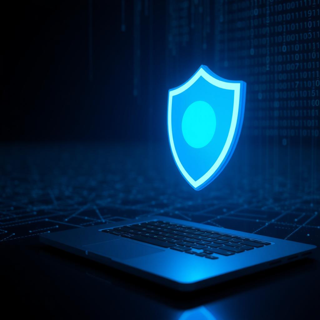 Digital shield glowing above a laptop, representing online security