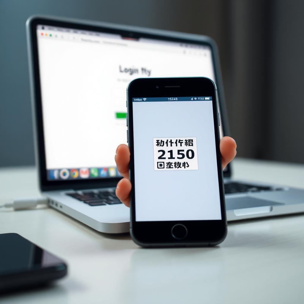 Smartphone displaying a 2FA code in an authenticator app, with a blurred laptop login page in the background.