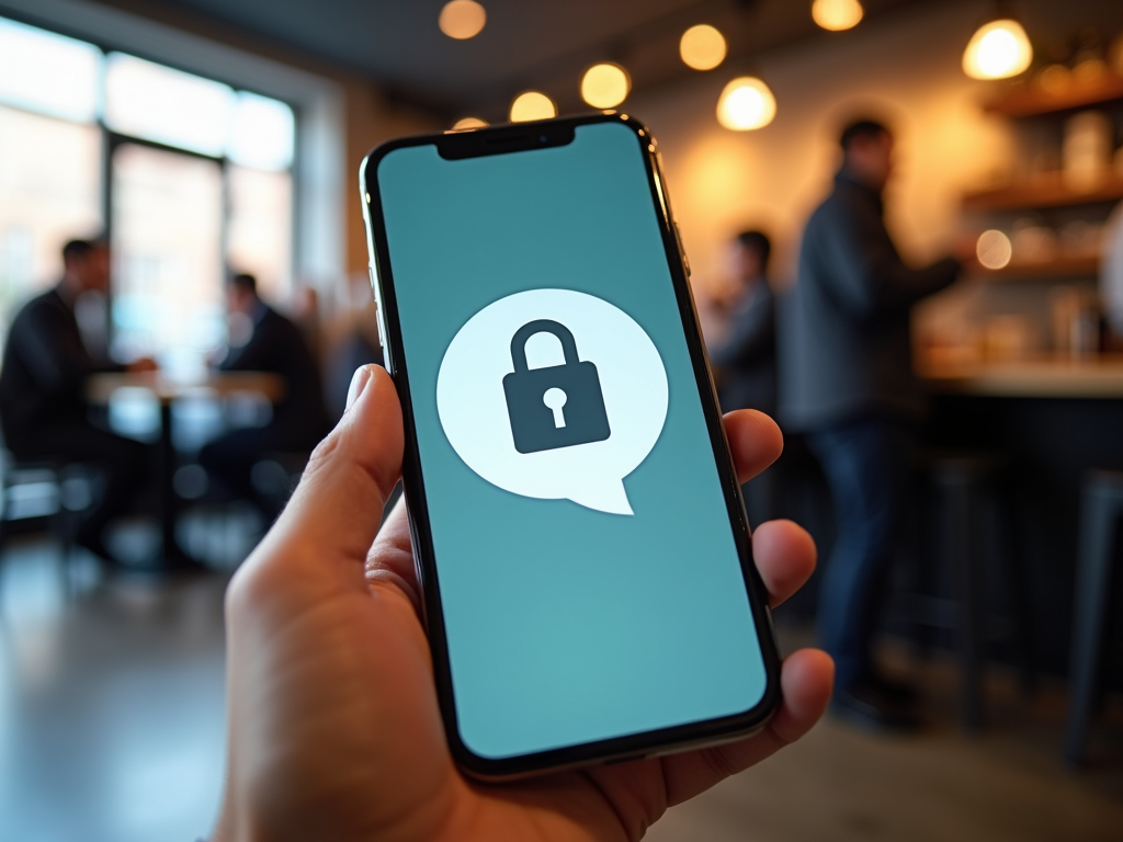Smartphone with an encrypted messaging app in a coffee shop