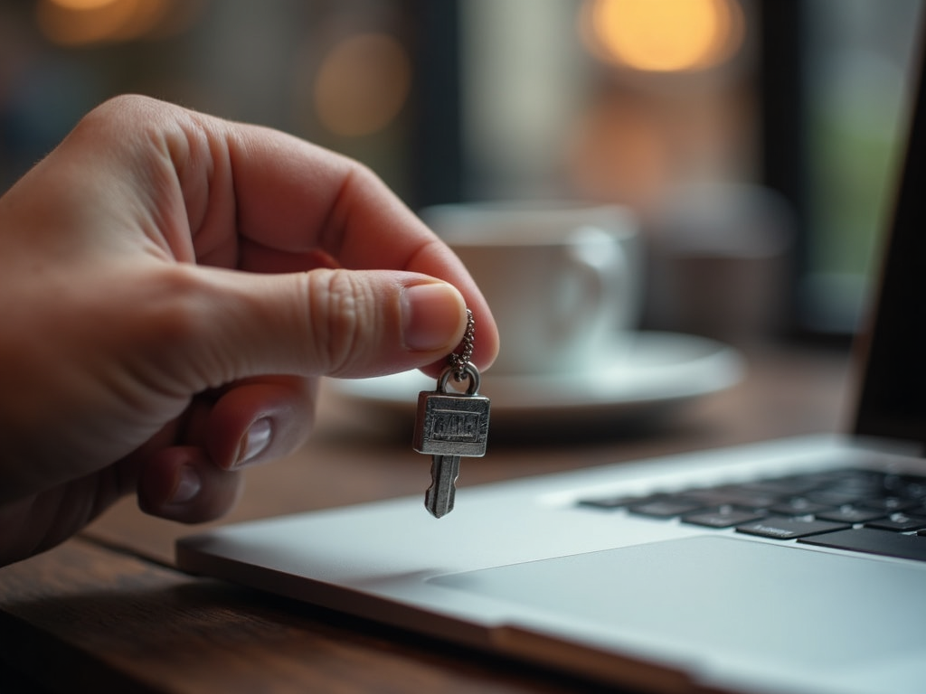 Hand inserting a USB security key into a laptop in a coffee shop.