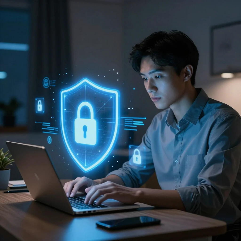 A person using a laptop protected by a digital privacy shield representing VPN encryption