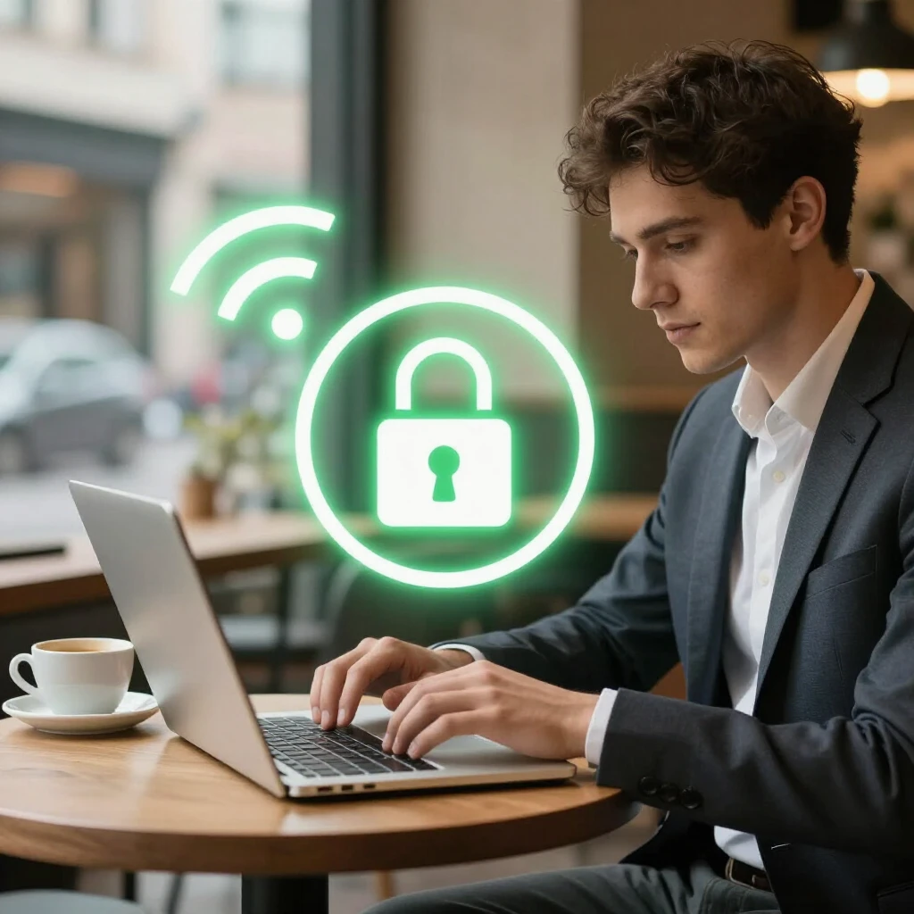 Person using VPN on laptop in a cafe with secure connection