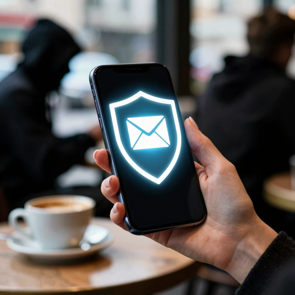 Smartphone shielded from digital threats in a cafe setting