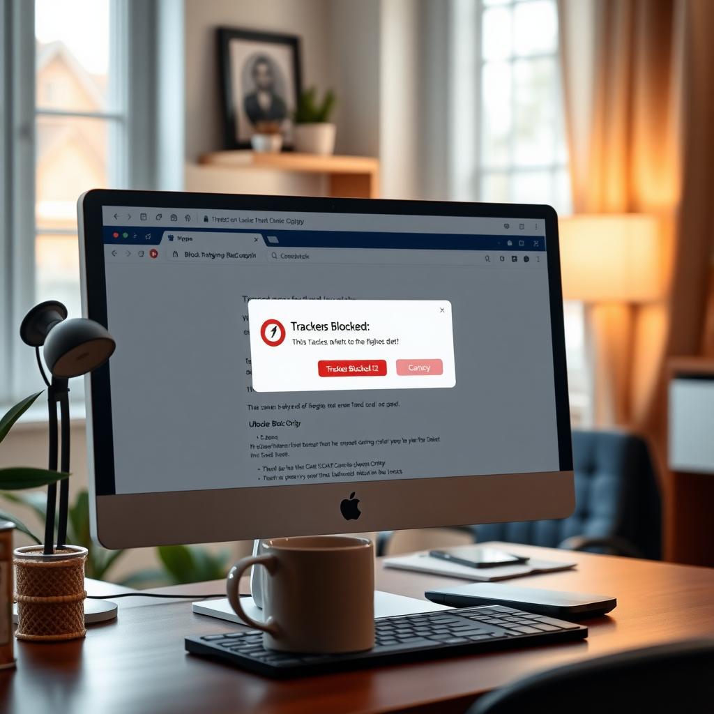 Computer screen showing uBlock Origin blocking 12 trackers in a modern home office setting