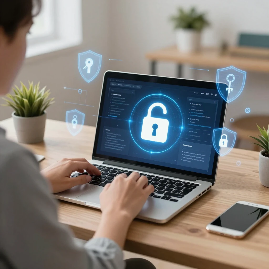Person at desk enabling encryption on laptop with security icons around
