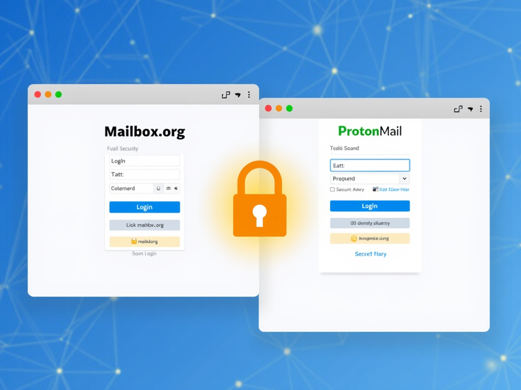 Side-by-side view of Mailbox.org and Proton Mail login screens with a security padlock.