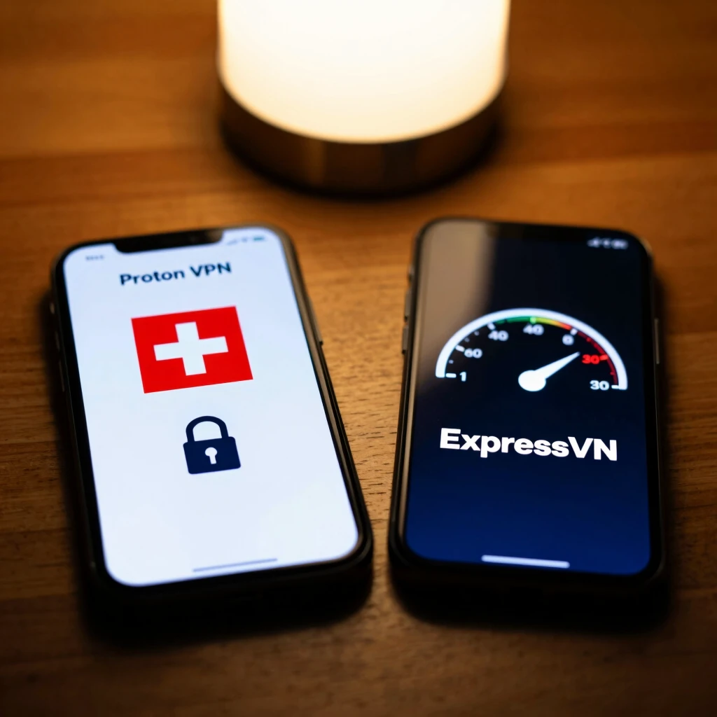 Side-by-side comparison of Proton VPN and ExpressVPN apps on mobile devices