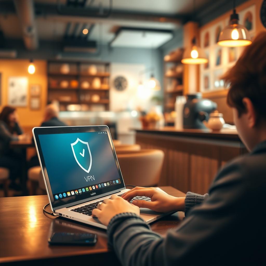 Person using a laptop with a VPN shield icon in a cozy coffee shop