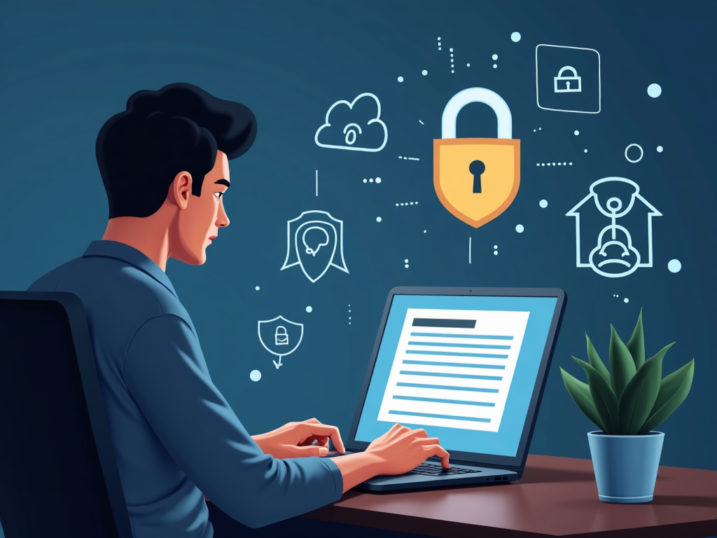 Person concerned about data privacy while using a laptop