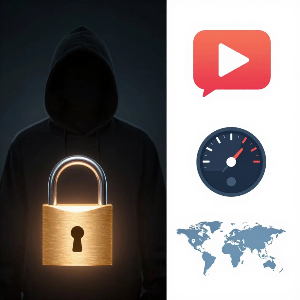 Split image comparing VPN privacy (locked padlock and anonymous figure) versus features (streaming, speed, servers)
