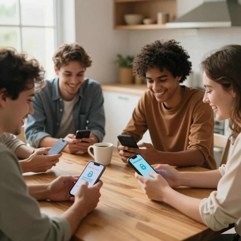 Friends securely chatting on encrypted apps during a relaxed morning meetup