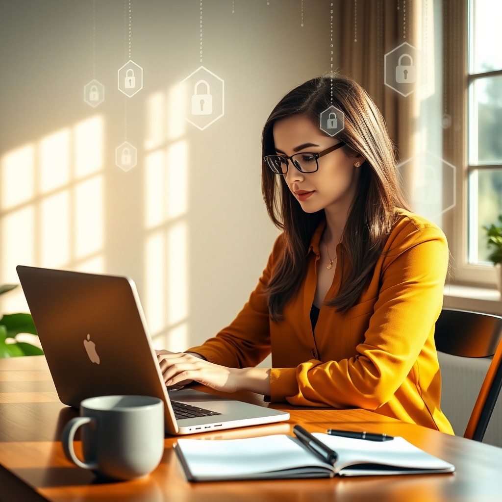 Woman securely searching online in a private home office