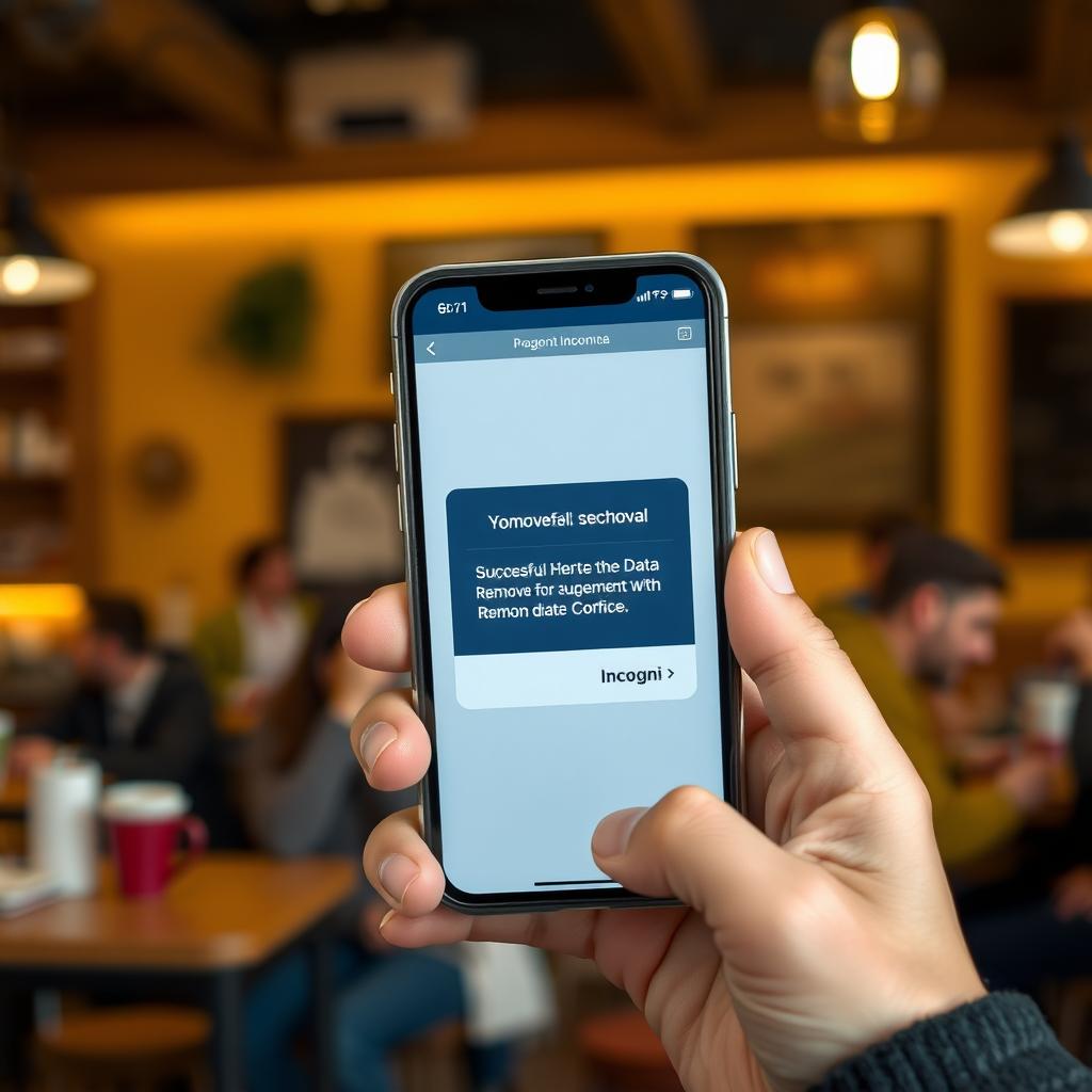 Person holding a smartphone showing an Incogni notification in a cozy coffee shop.