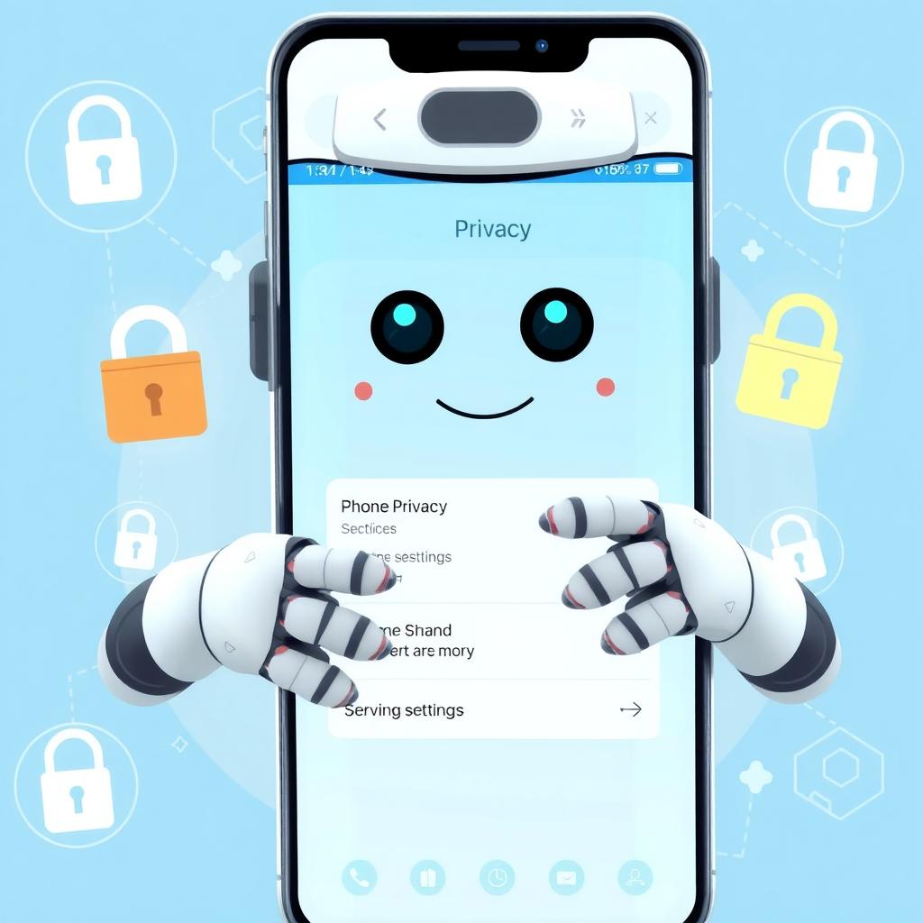 Friendly AI robot managing privacy settings on phone