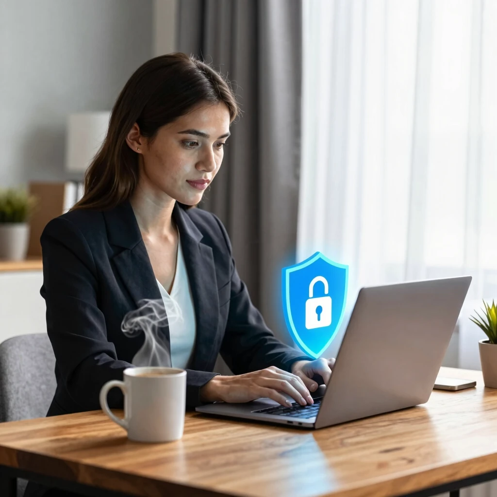 Woman securing her online privacy with digital shield on laptop