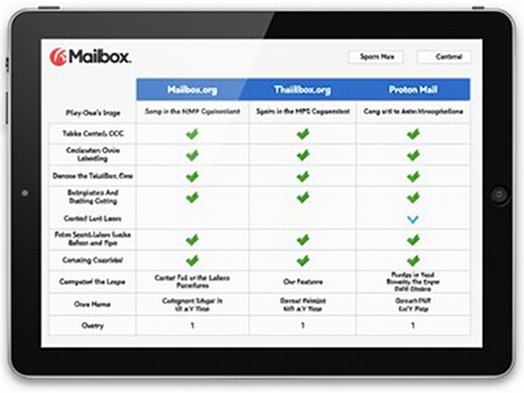 Comparison chart of Mailbox.org and Proton Mail on tablet.