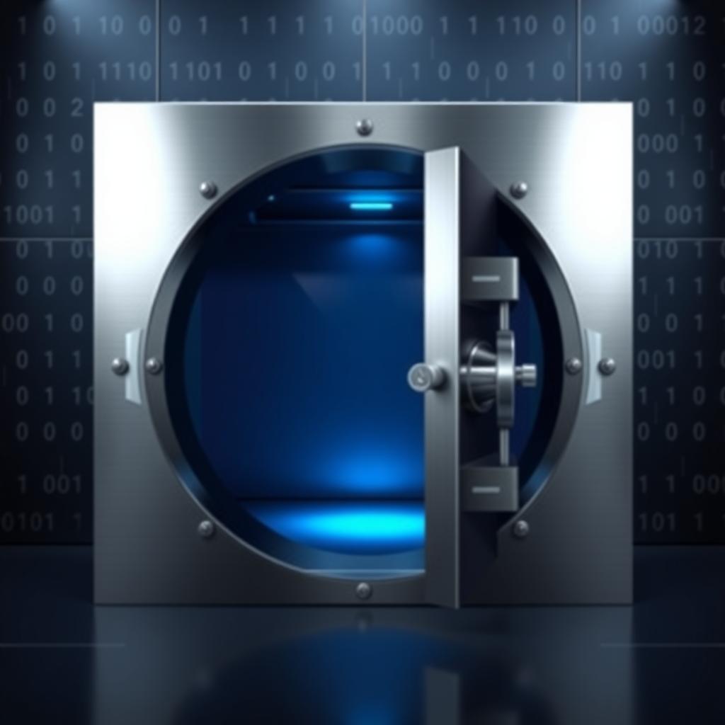Polished steel vault door with a blue glow, symbolizing digital security against a background with binary code.