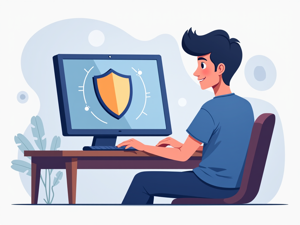 A person using a computer with a shield icon representing online privacy protection.