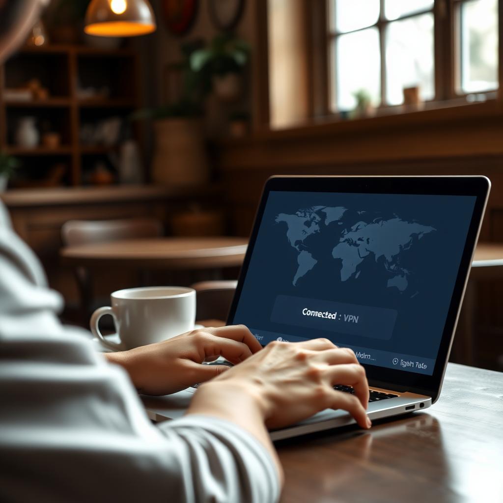 Person using a laptop with a VPN interface in a cozy coffee shop